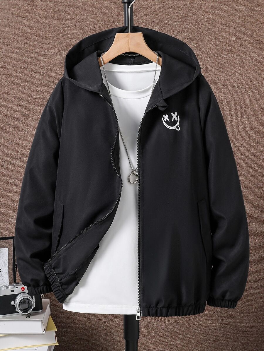 SHEIN Tween Boys' Smiling Face Print Hooded Casual Jacket Autumn Fall Graduation Black - Black - View 1