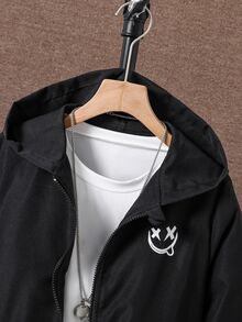 SHEIN Tween Boys' Smiling Face Print Hooded Casual Jacket Autumn Fall Graduation Black - Black - View 3