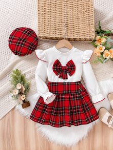 Elladie kids 女童针织圆领短袖格子蝴蝶结装饰上衣搭配格子百褶裙，配贝雷帽，可爱休闲复古学院风，适合秋冬季休闲穿着和校服，也是圣诞节、秋季公主派对、万圣节/圣诞派对的完美选择，适合秋冬季度假穿着。 - 紅色 - 查看 5