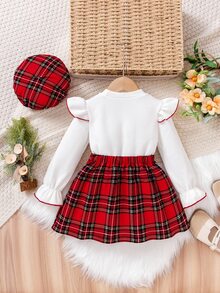 Elladie kids 女童针织圆领短袖格子蝴蝶结装饰上衣搭配格子百褶裙，配贝雷帽，可爱休闲复古学院风，适合秋冬季休闲穿着和校服，也是圣诞节、秋季公主派对、万圣节/圣诞派对的完美选择，适合秋冬季度假穿着。 - 紅色 - 查看 2