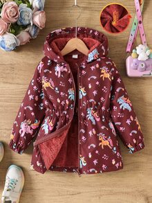 SHEIN 女童可愛卡通獨角獸印花抓絨內裡拉鍊外套 休閒西式彈性腰連帽派克大衣 秋冬保暖保溫外套 - 棕色 - 查看 1