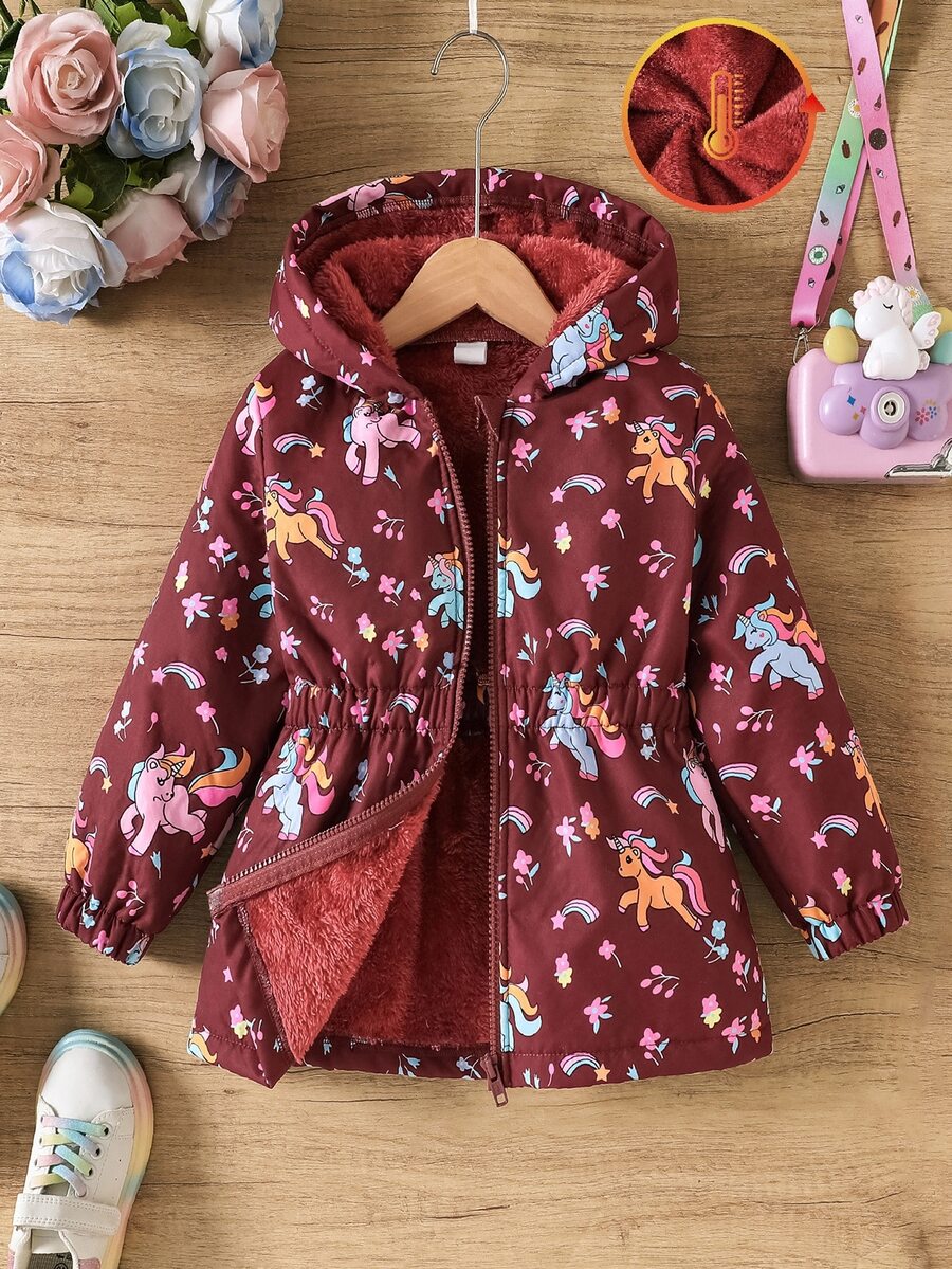 SHEIN 女童可愛卡通獨角獸印花抓絨內裡拉鍊外套 休閒西式彈性腰連帽派克大衣 秋冬保暖保溫外套 - 棕色 - 查看 1