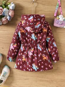 SHEIN 女童可愛卡通獨角獸印花抓絨內裡拉鍊外套 休閒西式彈性腰連帽派克大衣 秋冬保暖保溫外套 - 棕色 - 查看 2