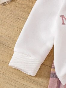 SHEIN 2件組女嬰學院風甜美可愛休閒套裝，字母刺繡格紋領長袖上衣與格紋百褶裙套裝，春秋日常穿著 - 彩色 - 查看 3