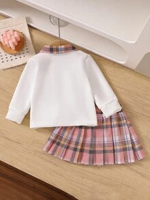 SHEIN 2件組女嬰學院風甜美可愛休閒套裝，字母刺繡格紋領長袖上衣與格紋百褶裙套裝，春秋日常穿著 - 彩色 - 查看 2