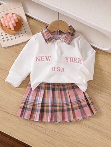 SHEIN 2件組女嬰學院風甜美可愛休閒套裝，字母刺繡格紋領長袖上衣與格紋百褶裙套裝，春秋日常穿著 - 彩色 - 查看 7