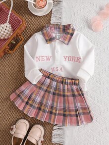 SHEIN 2件組女嬰學院風甜美可愛休閒套裝，字母刺繡格紋領長袖上衣與格紋百褶裙套裝，春秋日常穿著 - 彩色 - 查看 1