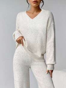 Firerie Women's V-Neck Off-White Sweater, Casual Lounge Autumn Winter Clothes,Solid Color Everyday Fall Sweaters Lounge - Apricot - View 10