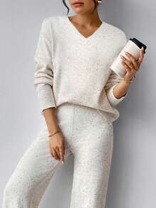 Firerie Women's V-Neck Off-White Sweater, Casual Lounge Autumn Winter Clothes,Solid Color Everyday Fall Sweaters Lounge - Apricot - View 3