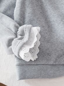 SHEIN 青少年女孩長袖秋季花瓣蕾絲飾邊抓絨內裡運動衫，假日休閒優雅可愛舒適校園灰色 - 灰色 - 查看 7