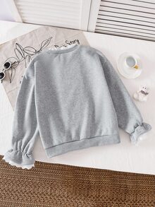 SHEIN 青少年女孩長袖秋季花瓣蕾絲飾邊抓絨內裡運動衫，假日休閒優雅可愛舒適校園灰色 - 灰色 - 查看 4