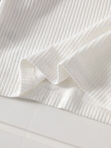 SHEIN 女童秋季羅紋針織長袖T恤，甜美白色刺繡鏤空蕾絲裝飾圓領休閒牛仔女孩上衣，日常穿著 - 白色 - 查看 4
