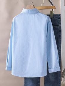 SHEIN Tween Girls Fall Tops 1pc Collared Long Sleeve Button-Up Blue White Stripe Stripe Shirt With Embroidered Graphic Casual Top For Autumn Winter School - Baby Blue - View 3
