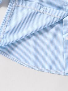SHEIN Tween Girls Fall Tops 1pc Collared Long Sleeve Button-Up Blue White Stripe Stripe Shirt With Embroidered Graphic Casual Top For Autumn Winter School - Baby Blue - View 4