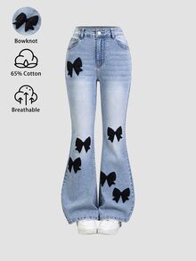 SHEIN ChillGRL Teen Girl 2025 Curve Fashion Personalized All-Season Teal Blue Applique 3D Embroidery Distressed Flared Jeans Back-To-School Y2k Cute Cute Summer Prom - Blue - View 3