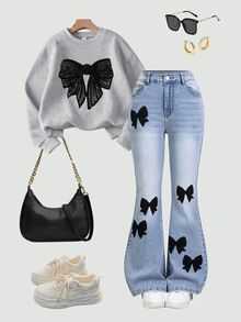 SHEIN ChillGRL Teen Girl 2025 Curve Fashion Personalized All-Season Teal Blue Applique 3D Embroidery Distressed Flared Jeans Back-To-School Y2k Cute Cute Summer Prom - Blue - View 1