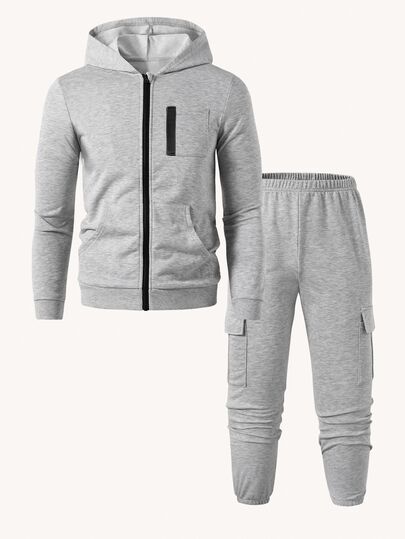2pcs/Set Teenage Boys Casual Streetwear Sports Hoodie Jacket With Pockets Drawstring Sweatpants Set, Suitable For Leisure, Commute, Autumn Grey