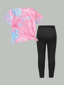 SHEIN 女童 2 件套可愛韓系兔子圖案粉色與白色 T 恤緊身褲 紅色與黑色 秋冬校園職業風青少年女孩時尚兔子卡通 T 恤 - 彩色 - 查看 2