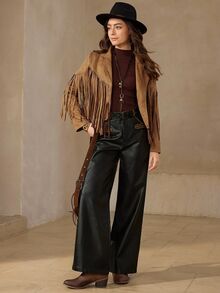 Wildy BOHO Fringe Trim Lapel Collar Drop Shoulder Suedette Jacket In Fall/Winter - Brown - View 6