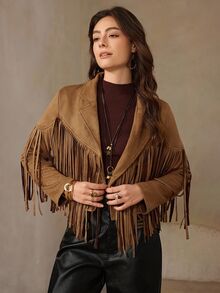 Wildy BOHO Fringe Trim Lapel Collar Drop Shoulder Suedette Jacket In Fall/Winter - Brown - View 4