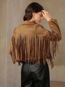 Wildy BOHO Fringe Trim Lapel Collar Drop Shoulder Suedette Jacket In Fall/Winter - Brown - View 3