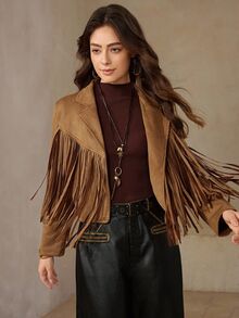 Wildy BOHO Fringe Trim Lapel Collar Drop Shoulder Suedette Jacket In Fall/Winter - Brown - View 5