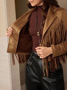Wildy BOHO Fringe Trim Lapel Collar Drop Shoulder Suedette Jacket In Fall/Winter - Brown - View 7