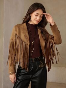 Wildy BOHO Fringe Trim Lapel Collar Drop Shoulder Suedette Jacket In Fall/Winter - Brown - View 2