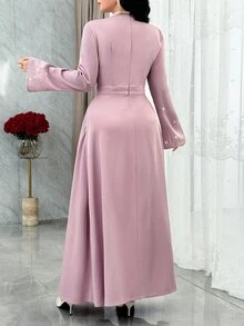 Feyla Women's Solid Color Sweetheart Neck Long Sleeve Rhinestone Embellished Elegant Mid-Length Dress Modest Dress - Purple - View 3