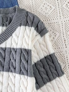 SHEIN Explorewe 青少年女孩條紋拼接粗針編織V領燈籠袖寬鬆大版休閒套頭毛衣，適合秋冬外出，白色 - 灰色 - 查看 5