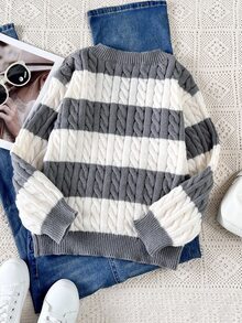 SHEIN Explorewe 青少年女孩條紋拼接粗針編織V領燈籠袖寬鬆大版休閒套頭毛衣，適合秋冬外出，白色 - 灰色 - 查看 2