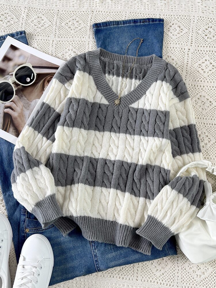 SHEIN Explorewe Tween Girls' Striped Color Block Cable Knit V-Neck Lantern Sleeve Oversized Pullover Sweater, Suitable For Autumn/Winter Outings Fall - Grey - View 1