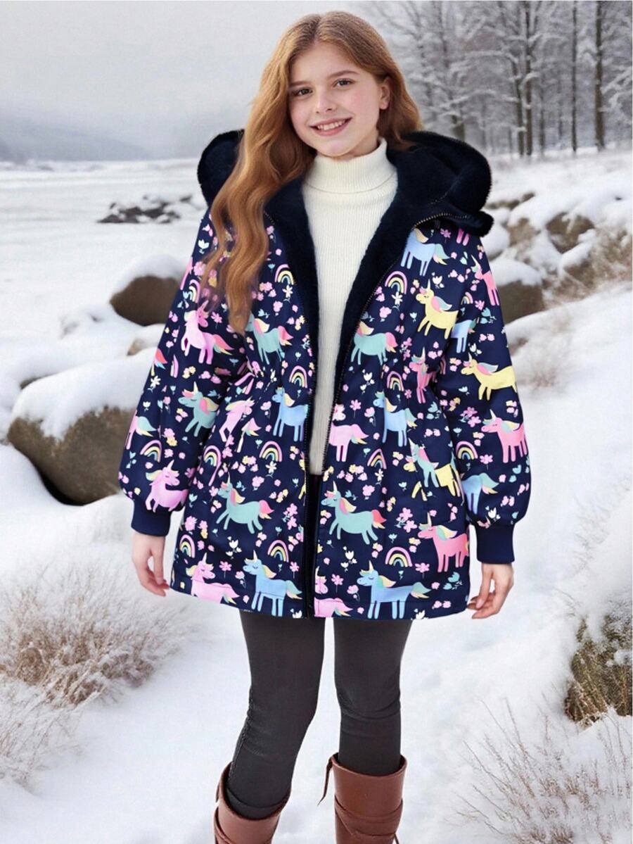SHEIN 1pc Girls Leopard Print Reversible Fluffy Long Sleeve Windbreaker Jacket, Suitable For Autumn/Winter - Blue - View 1