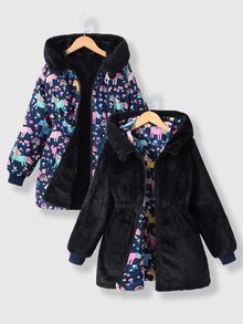 SHEIN 1 件女童豹纹双面蓬松长袖风衣夹克，适合秋冬季 - 藍色 - 查看 4