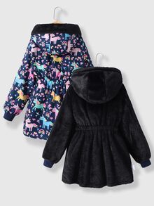 SHEIN 1 件女童豹纹双面蓬松长袖风衣夹克，适合秋冬季 - 藍色 - 查看 5