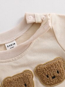 SHEIN 米色秋季可愛圖案假日新生兒嬰兒卡通熊刺繡衛衣褲子2件套韓式長袖親子套裝 - 杏色 - 查看 6