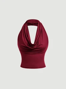 SHEIN MOD Women's Elegant Solid Color Versatile Halter Neck Burgundy Top,Christmas,Party,New Year - Burgundy - View 3