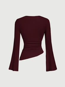 SHEIN MOD Crew Neck Ruched Flare Sleeve Cinched Waist Asymmetric Hem Burgundy Versatile T-Shirt, Fall - Burgundy - View 2