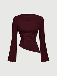 SHEIN MOD Crew Neck Ruched Flare Sleeve Cinched Waist Asymmetric Hem Burgundy Versatile T-Shirt, Fall - Burgundy - View 1