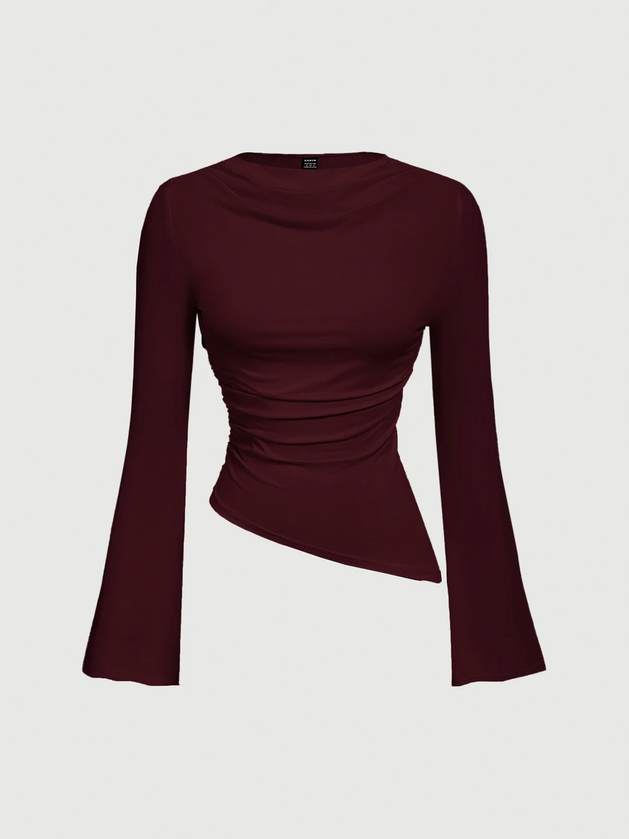 SHEIN MOD Crew Neck Ruched Flare Sleeve Cinched Waist Asymmetric Hem Burgundy Versatile T-Shirt, Fall - Burgundy - View 1