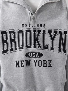 SHEIN Sparklyn 少女半拉鍊落肩運動衫 Brooklyn 字母圖案印花灰色四分之一拉鍊寬鬆套頭上衣 - 淺灰色 - 查看 5
