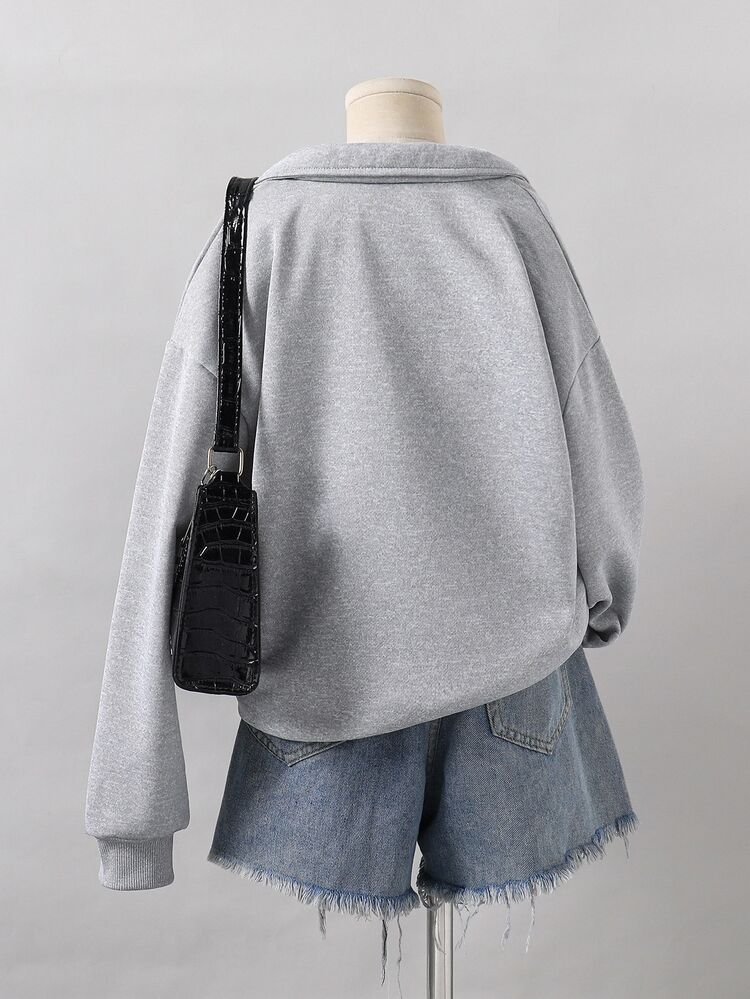 SHEIN Sparklyn 少女半拉鍊落肩運動衫 Brooklyn 字母圖案印花灰色四分之一拉鍊寬鬆套頭上衣 - 淺灰色 - 查看 2