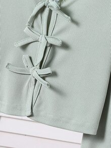 SHEIN Sparklyn 2 件套女童休闲罗纹针织开衫，蝴蝶结装饰和简约印花吊带裙，春秋 - 薄荷綠 - 查看 4