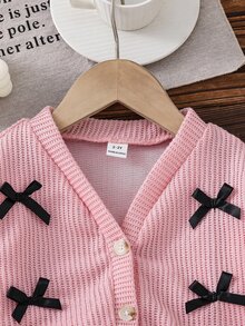 SHEIN 女婴 V 领蝴蝶结纯色长袖开衫，春秋装 - 藕粉色 - 查看 5