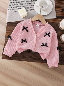 SHEIN Baby Girl V-Neck Bow Solid Color Long Sleeve Cardigan Sweater, Spring/Autumn Fall Winter - Dusty Pink - View 1