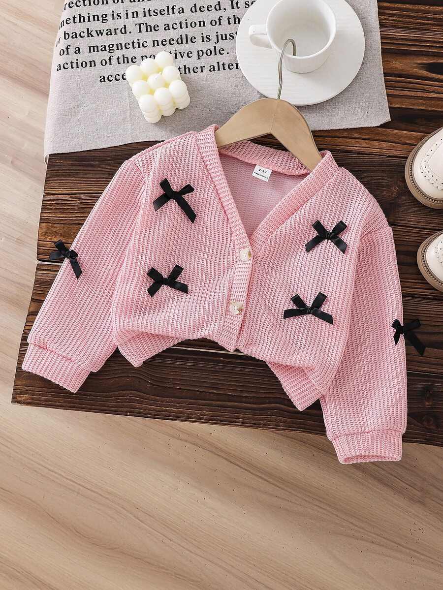 SHEIN Baby Girl V-Neck Bow Solid Color Long Sleeve Cardigan Sweater, Spring/Autumn Fall Winter - Dusty Pink - View 1