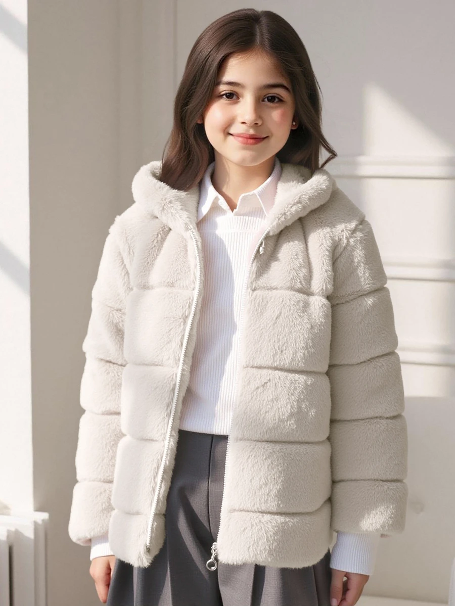 SHEIN Tween女孩米色長袖格紋對稱連帽休閒街頭風酷女孩拉鍊外套 百搭款 秋季返校職業日校園穿搭 - 杏色 - 查看 1