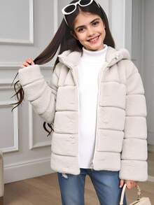 SHEIN Tween女孩米色長袖格紋對稱連帽休閒街頭風酷女孩拉鍊外套 百搭款 秋季返校職業日校園穿搭 - 杏色 - 查看 10