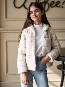 SHEIN Tween女孩米色長袖格紋對稱連帽休閒街頭風酷女孩拉鍊外套 百搭款 秋季返校職業日校園穿搭 - 杏色 - 查看 6