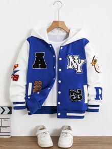 SHEIN 男孩字母印花抓絨連帽外套，秋季休閒寬鬆牛仔風校園開學棒球夾克，藍白配色大學風 - 藍色 - 查看 1